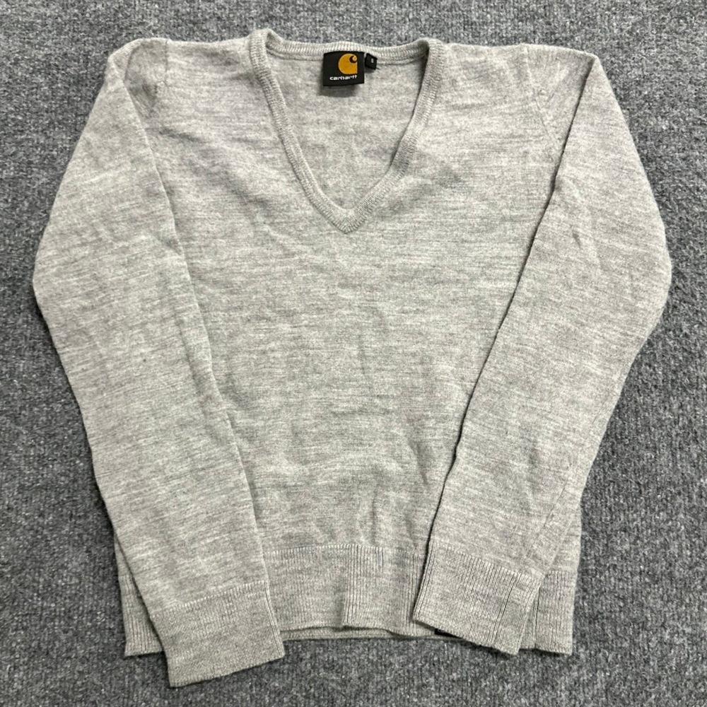 Carhartt Sweater Womens Size S Grey Merino Wool V-Neck Slim Fit Knit Pullover